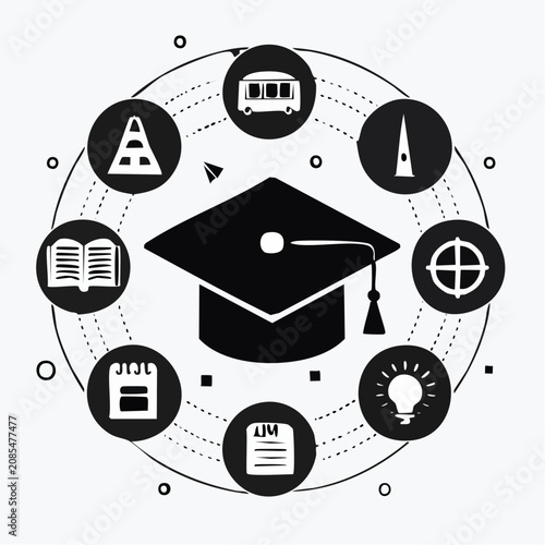 Central Graduation Cap Surrounded by Various Education and Academic Learning Process Icons in a Minimalist Vector Graphic Design