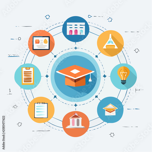 Circular diagram illustrating educational concepts with icons for learning, research, and academic institutions