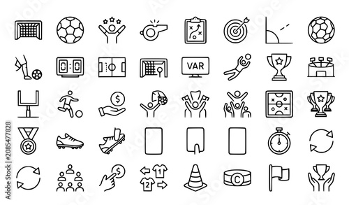 Photos Football Goal Editable Stroke Outline Icon Set with Soccer Score and Match Symbo