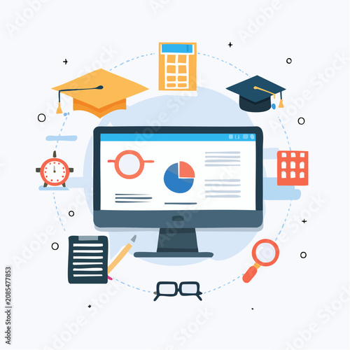 Online Education and E-Learning Concept Illustration with Computer and Study Icons