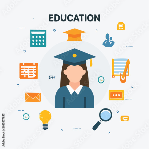 Female graduate avatar with academic symbols for professional learning degree attainment and school knowledge illustration