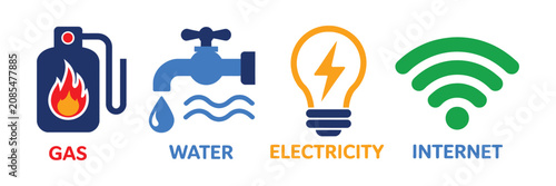 Utilities icon with gas, water, electricity, WiFi, internet supply, public utility services and infrastructure symbols