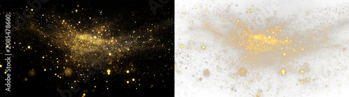 Bright golden particles float on a transparent background creating a festive atmosphere