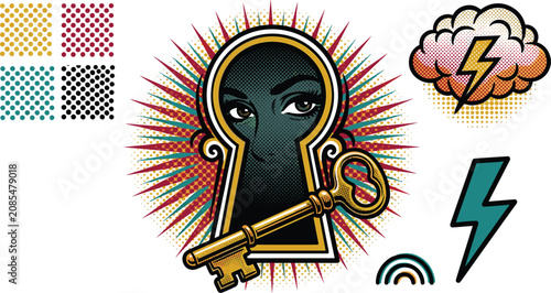 Obraz na plátně Vintage pop art halftone keyhole illustration with woman eyes spying lightning c