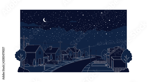Cuadro en lienzo Nighttime suburban street with starry sky and crescent moon