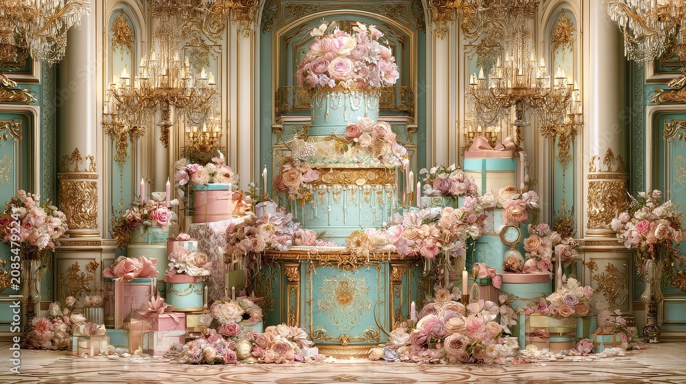 Obraz premium Birthday celebration elegant cake luxurious gift boxes joyful milestone cherished memories close up luxury celebration theme realistic Composite grand ballroom backdrop. 