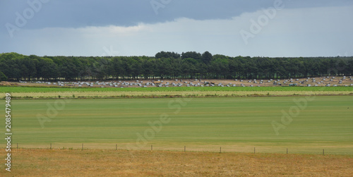 Suffolk Landscape scene features a vast open field of green grass and Pig arks - Pigloos in middle distance