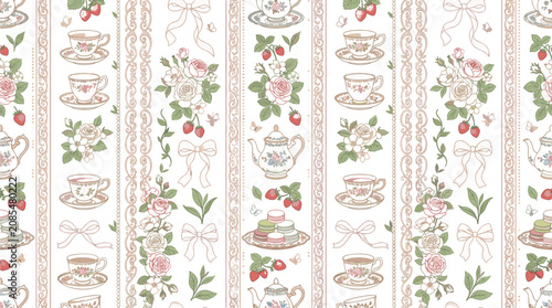 Vintage cottagecore tea party seamless stripe pattern with teacup teapot roses and strawberries vectorVintage cottagecore tea party seamless stripe pattern with teacup teapot roses and vector