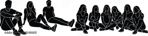 Black silhouettes of a diverse group of young adults sitting casually on the floor