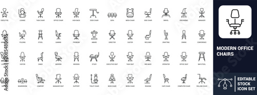 Tableau sur toile Modern office chairs line art icons set executive chair, lounge chair, task chai