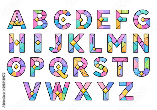 Full decorative A to Z alphabet collection featuring a faceted stained glass and gemstone design with soft pastel colors and glowing sparkles.