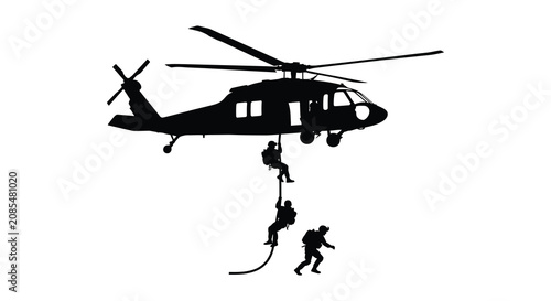 Bild auf Leinwand Military Helicopter With Rappelling Soldiers Black Silhouette chopper rotorcraft