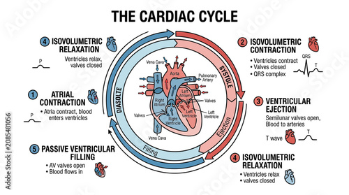 Cuadro en lienzo The Cardiac Cycle: Atrial Contraction, Ventricular Filling, Ejection, and Relaxa