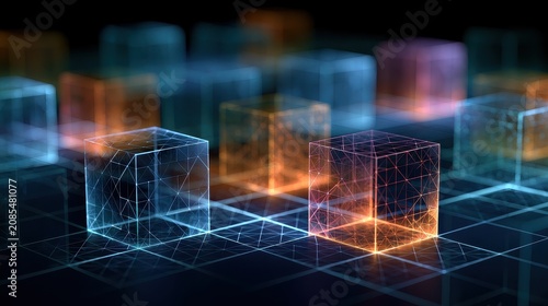 Blockchain infrastructure decentralized finance tokenized assets smart contracts financial inclusion copy space technology disruption theme futuristic Multilayer neon blockchain grid backdrop. 