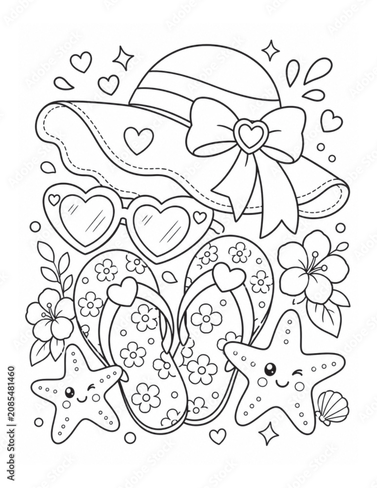 Obraz premium Cute cartoon sun hat sunglasses flip flops and starfish for summer beach fashion kids coloring page or book black and white vector illustration.