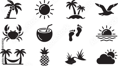 Billede på lærred Tropical icons, black silhouettes, summer symbols, beach signs, 13 vector graphi
