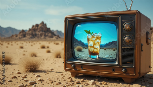 A vintage TV in the desert with a glass of a cold cocktail with ice cubes on the screen.