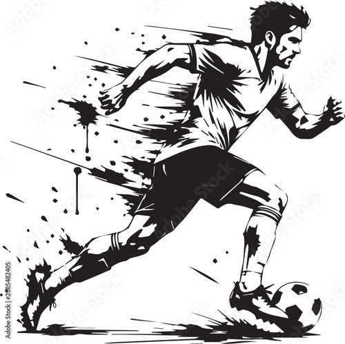 Fotografie Soccer player runs across the field while dribbling a ball in a stylized ink splash illustration