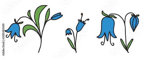 Blue bells flowers set, contour hand drawings vector isolated on white background