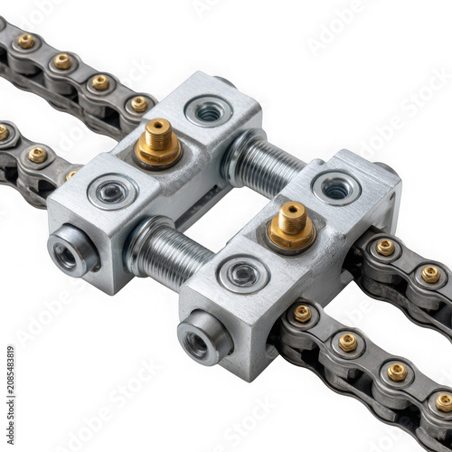 Close-up of metal conveyor chain with clamps
