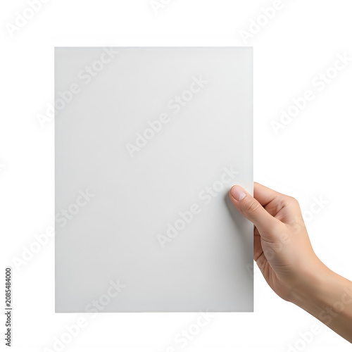 A hand holding a blank piece of vertical paper for your message or design presentation