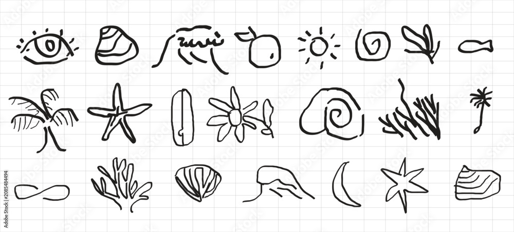 Fototapeta premium Set of hand drawn nature vector icons on graph paper background