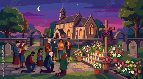 Quadro su tela Nighttime Churchyard Gathering with Flowers and Lanterns.