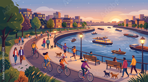 Εκτύπωση καμβά Sunset riverside promenade with cyclists and pedestrians.