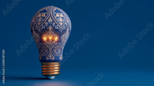 Glowing Lightbulb Made of Azerbaijani Buta Patterns on Cobalt Blue Background