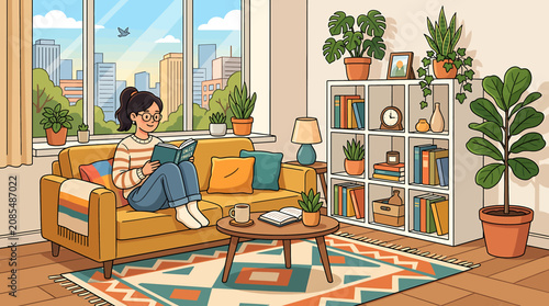 Fotografija Woman reading book in cozy living room with plants.