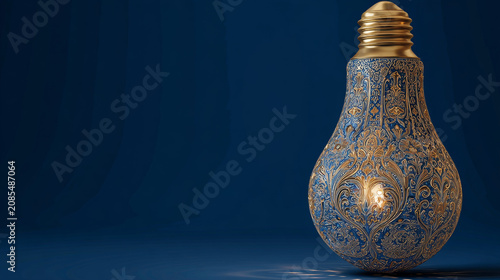 Glowing Lightbulb Made of Azerbaijani Buta Patterns on Cobalt Blue Background