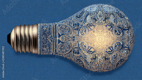Glowing Lightbulb Made of Azerbaijani Buta Patterns on Cobalt Blue Background