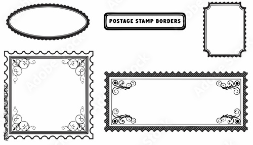 Very beautiful black and white realistic vector illustration of elegant postage stamp border frames featuring vintage decorative perforated edges, ornate classic shapes, and a bold label reading 