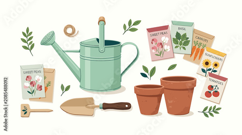 Obraz na płótnie Gardening tools and seed packets on white background.