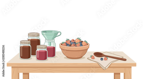 Cuadro en lienzo Fresh fruit bowl and preserves on wooden table.