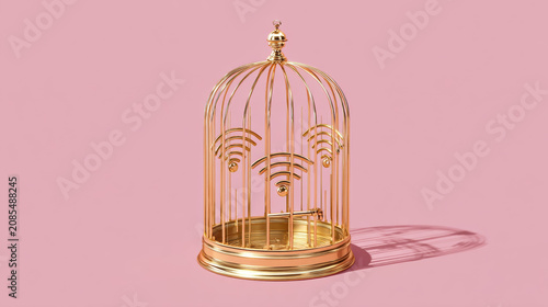 Golden Birdcage with Wifi Signal Icon Bars and Open Door on Pink Background