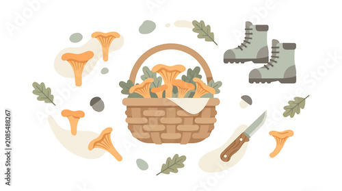 Canvastavla Fresh mushrooms in a wicker basket with foraging tools.