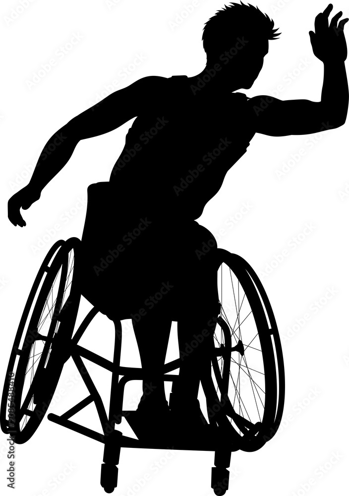 Fototapeta premium Silhouette of male athlete man in sports wheelchair basket baller basketball player.