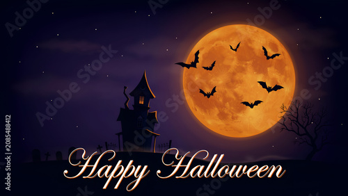 Happy halloween text with haunted house, bats, and full moon