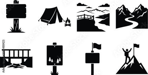 Fotografie Camping and Hiking Outdoor Adventure Black Silhouette Icon Set Featuring Mountai