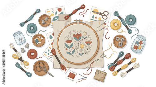 Cuadro en lienzo Colorful embroidery tools and supplies flat lay illustration.