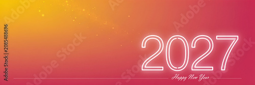 2027 happy new year text with glowing white numbers on gradient background