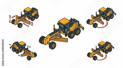 Quadro su tela Yellow construction motor grader in multiple isometric views.