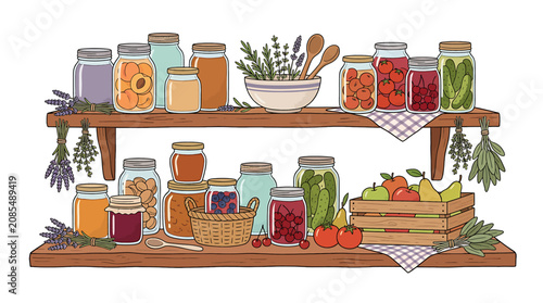 Colorful jars of preserves and fresh produce on shelves.
