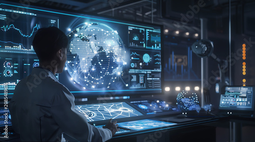 Scientist monitors a global data network displayed on a large digital screen.