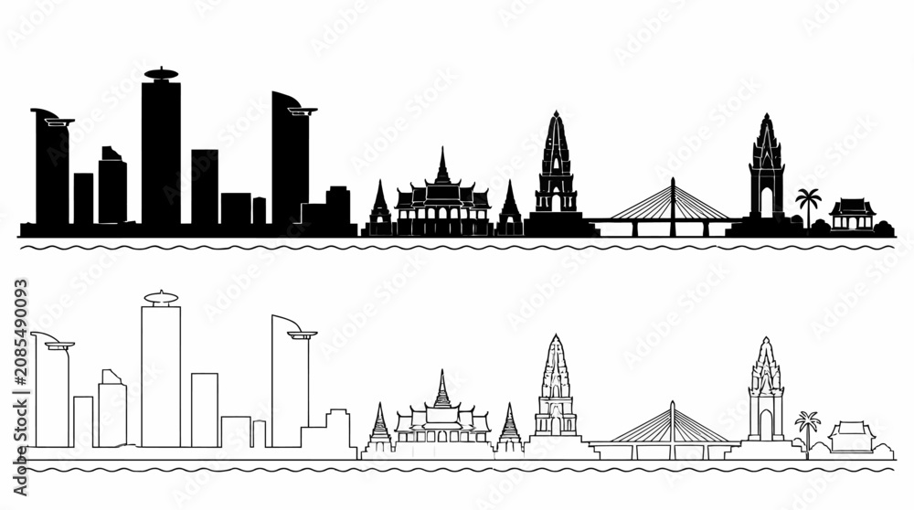 Obraz premium Phnom Penh Skyline Silhouette Illustration with Landmark Icons