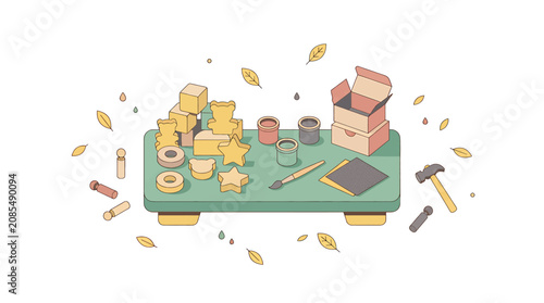 Colorful flat lay of art supplies and tools on a table.