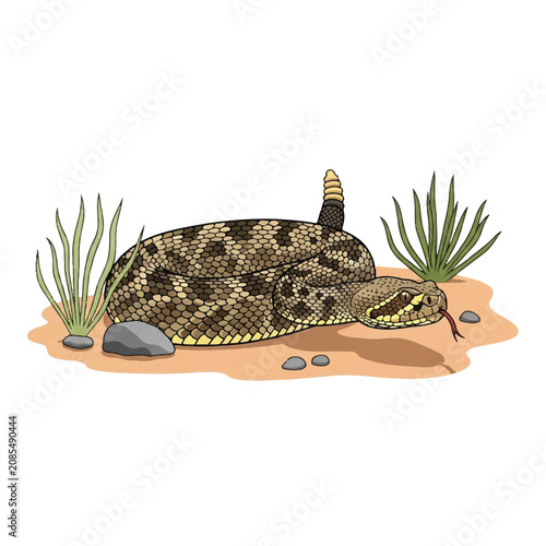 Rattlesnake Coiled in Arid Desert Habitat with Sand and Cacti, Wild Reptile Vector Illustration