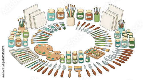 Colorful art supplies arranged in a circular pattern 1.