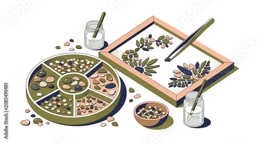 Botanical illustration tools and pressed leaves on workspace.